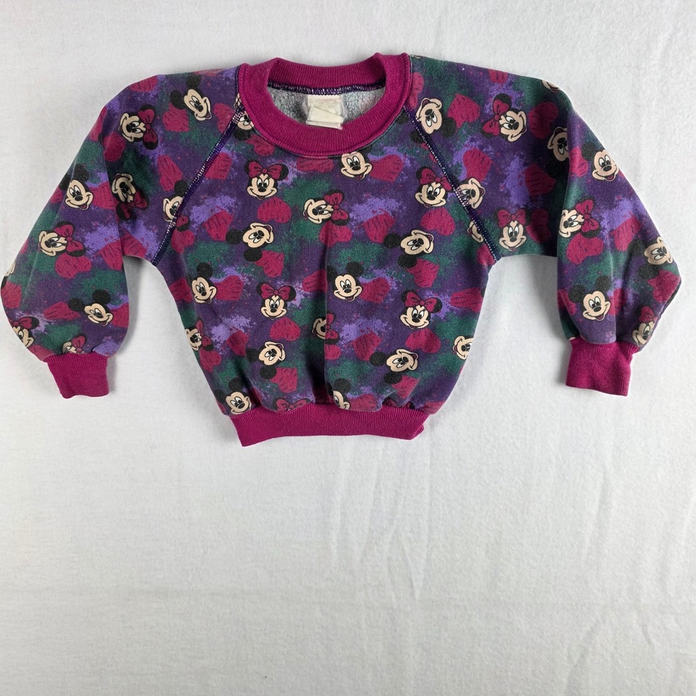 Disney Vintage Mickey Minnie Mouse Sweatshirt Girls 4T Purple Splatter Heart 90s